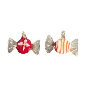 Set of 2 Glass Candy Pendants Charms Earrings Ornaments Red White Clear 1" Each